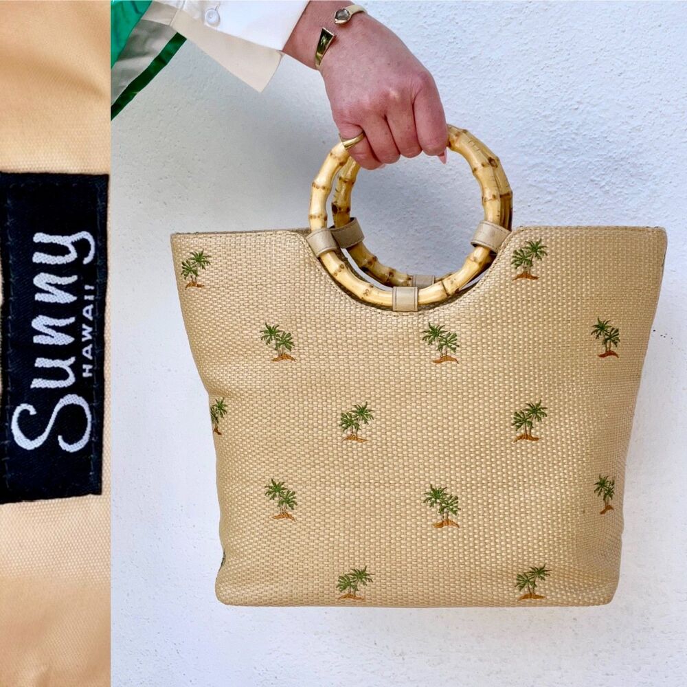 Vintage Sunny Hawaii Large Straw Palm Tree Embroidered Bamboo Top-Handle Bag